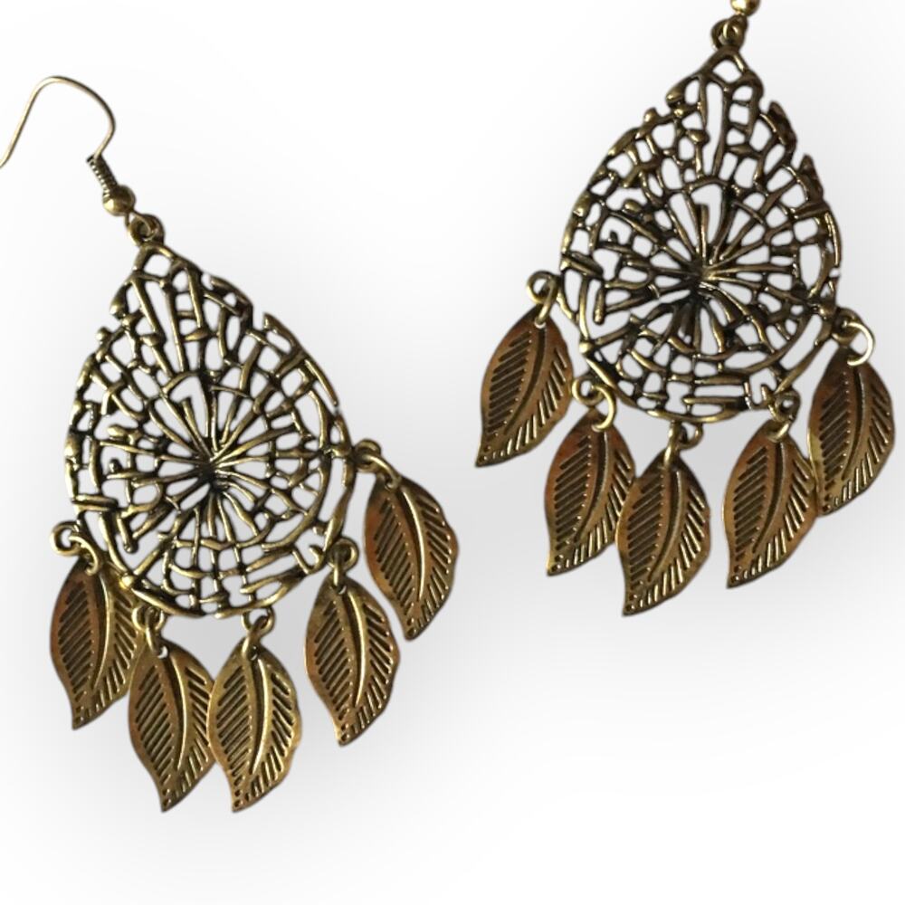 Dream-catcher with dangling leaves bronze-tone earrings